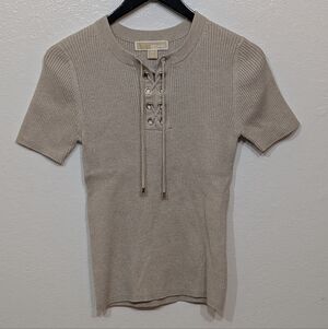 Michael Kors Beige Ribbed Lace-Up Top